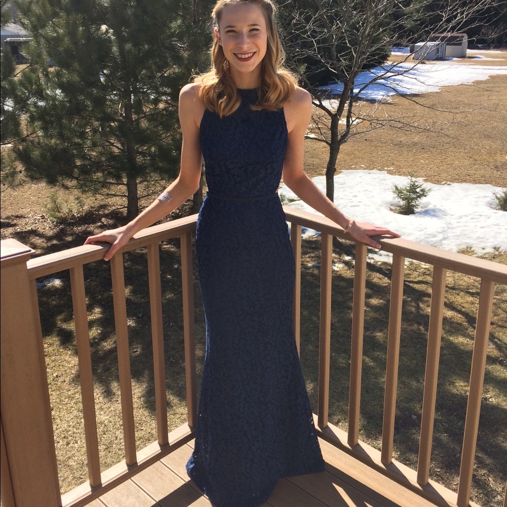 Navy lace prom dress